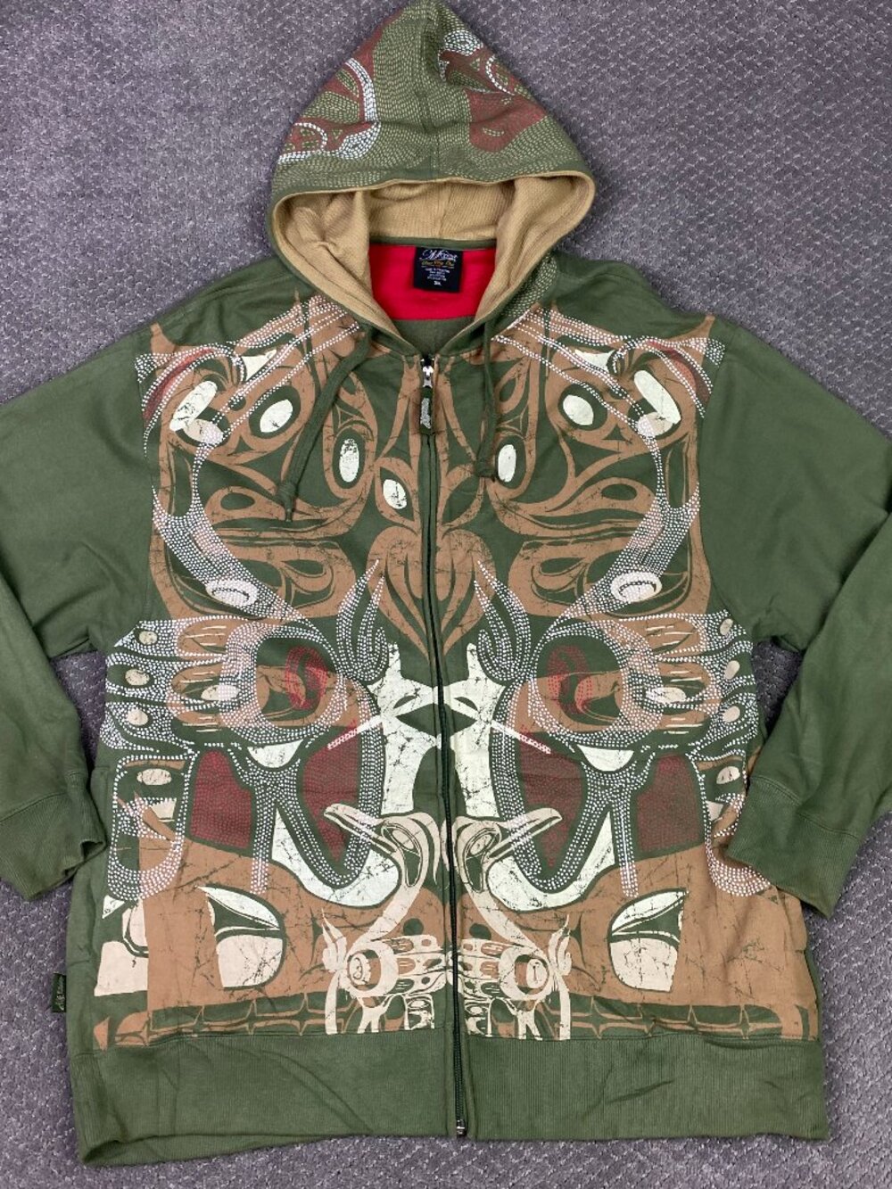 Vintage 90s Y2K Mecca Hoodie Sweatshirt Mens 3XL Olive Green Tribal Hip Hop Zip